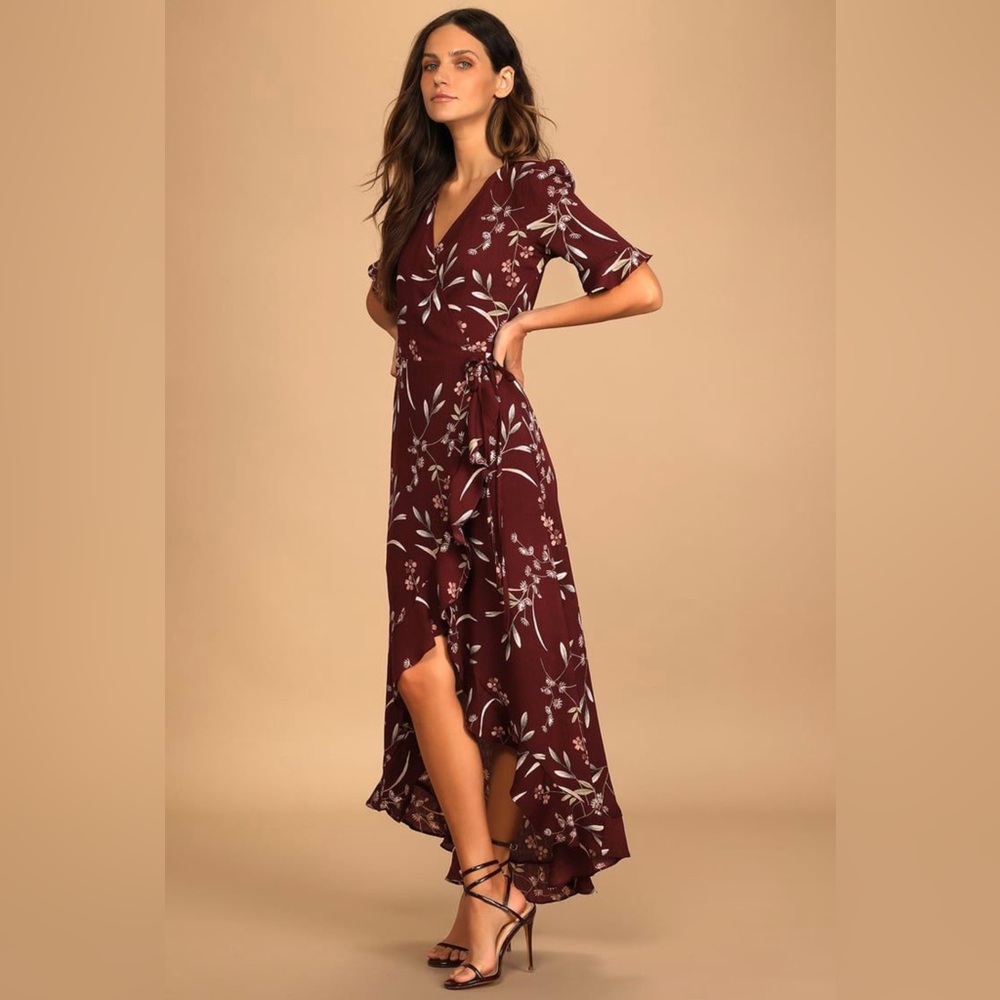 Lulu’s Wild Winds Burgundy Floral High-Low Wrap Dress - Size Medium